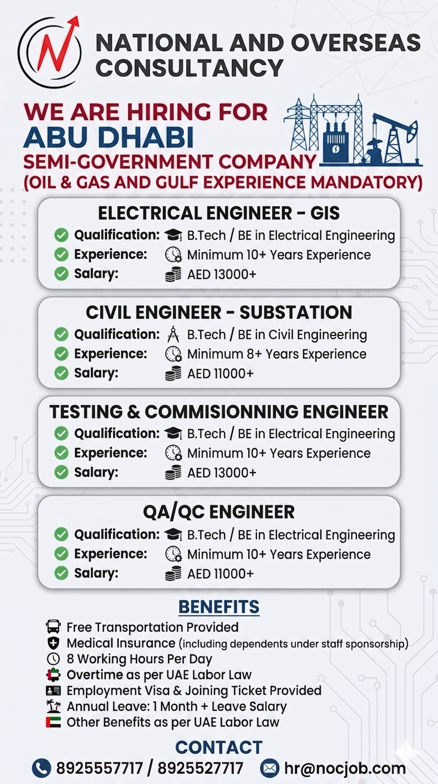 National and Overseas Consultancy is currently hiring experienced engineering professionals for a semi-government entity in Abu Dhabi. These roles are specifically targeted at candidates with significant experience in the Oil & Gas sector and prior Gulf experience.
