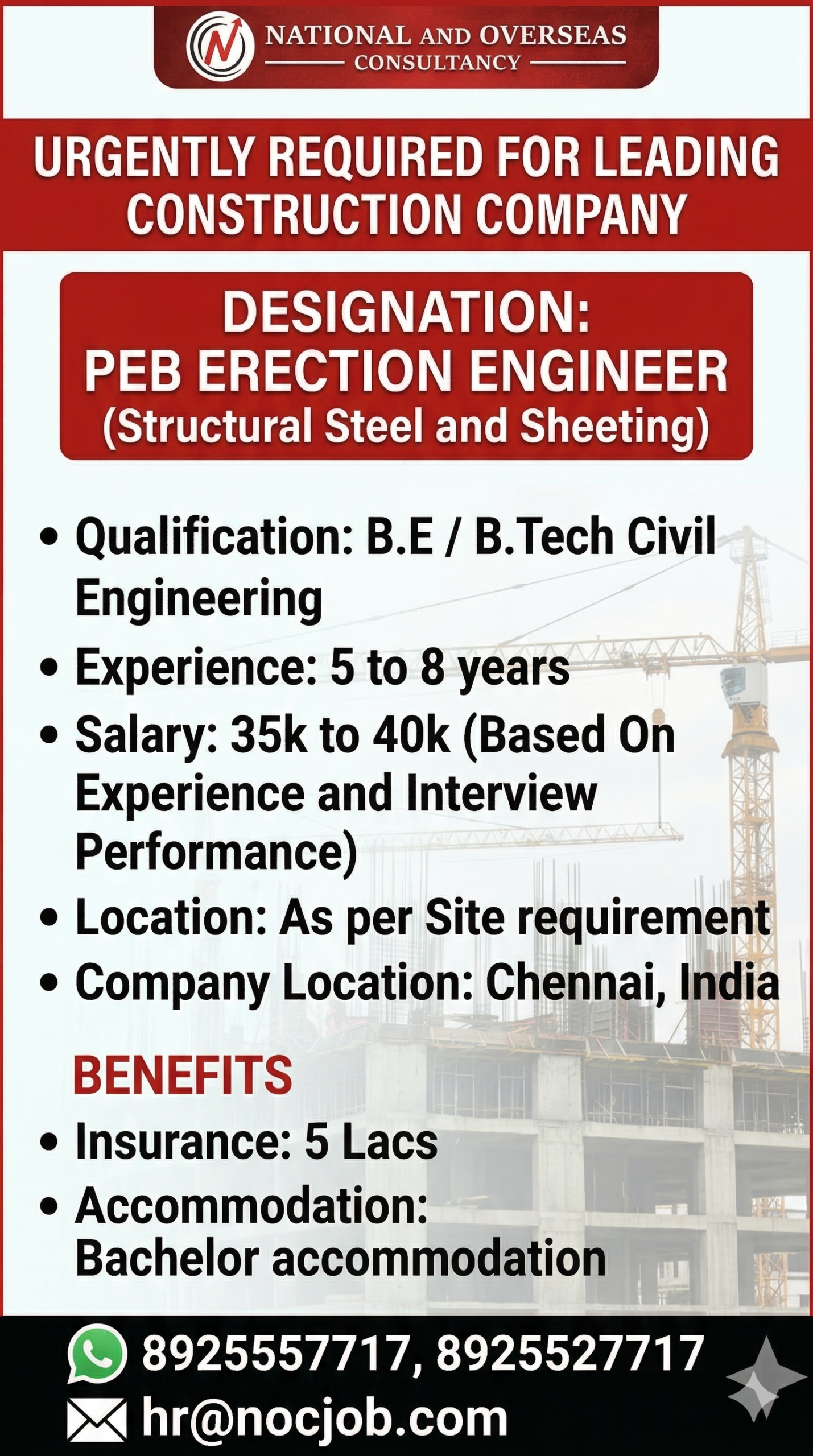 PEB ERECTION ENGINEER (Structural Steel and Sheeting)