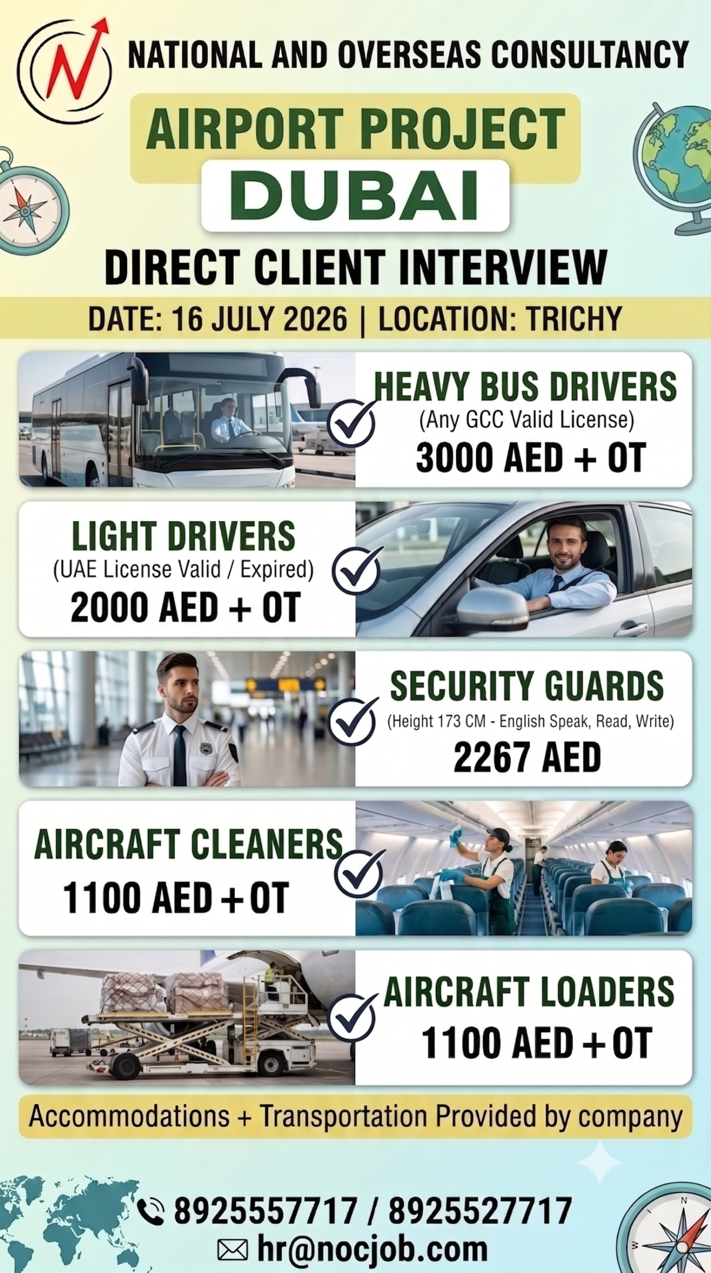 we are hiring heavy bus drivers & light drivers, aircraft loaders & cleaners, security guards (airport project)