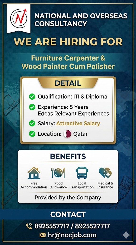 we are hiring Furniture Carpenter & wood painter cum polisher