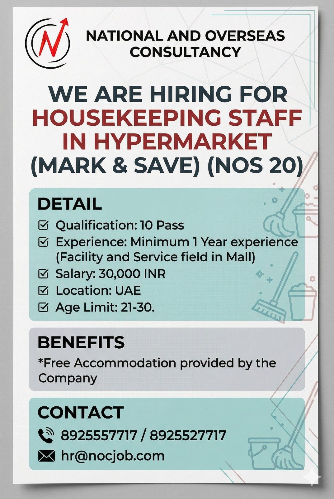 we are hiring Housekeeping Staff in Hypermarket (Mark & Save)
