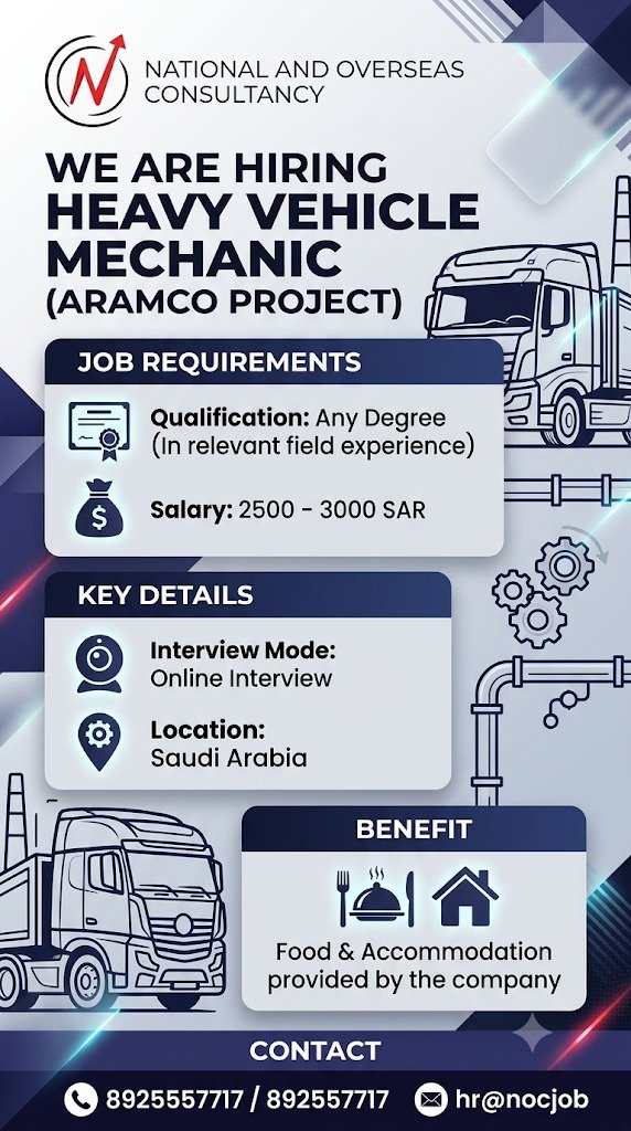we are hiring Heavy Vehicle Mechanic (Aramco Project)