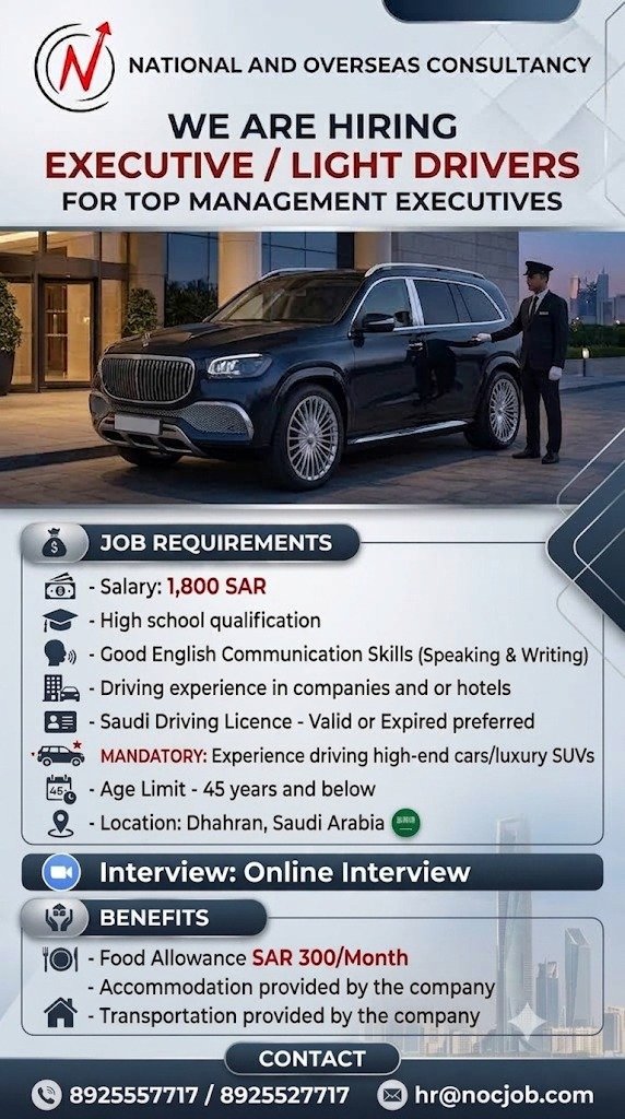 We are Hiring Executive / Light Driver (for Top Management Executives)